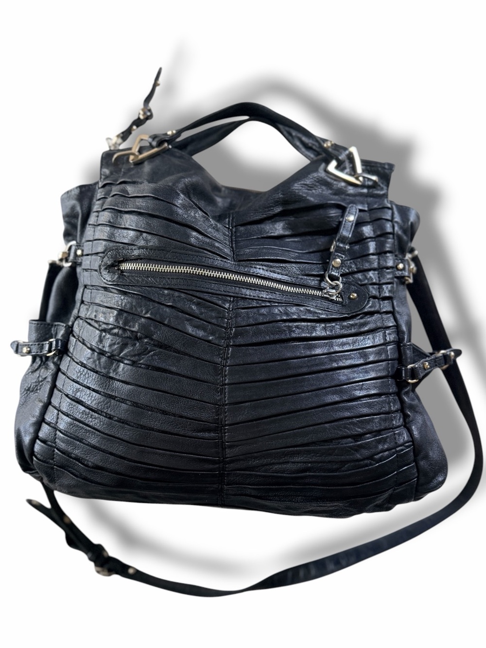 Junior Drake Pleated Leather Gail Satchel Bag Black
